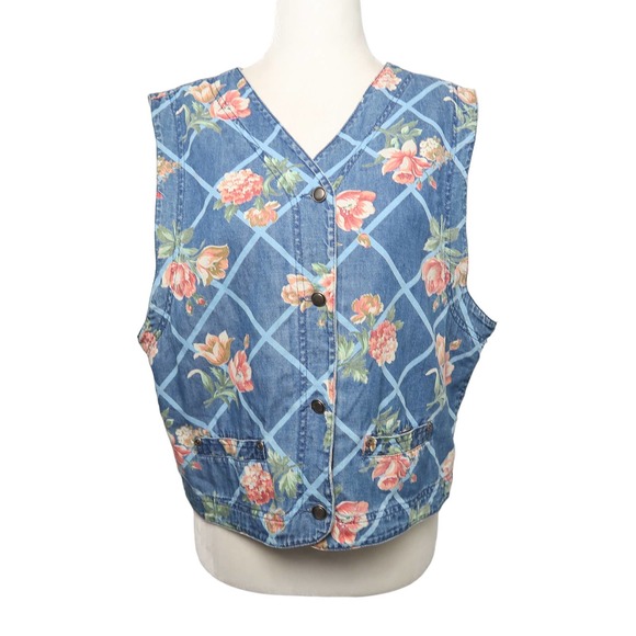 Vintage 90s Liz Claiborne blue and pink floral denim vest L - Picture 1 of 5
